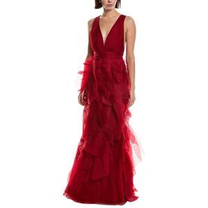 Marchesa Notte Womens  Sleeveless Deep V-Neck Silk Maxi Dress, Red